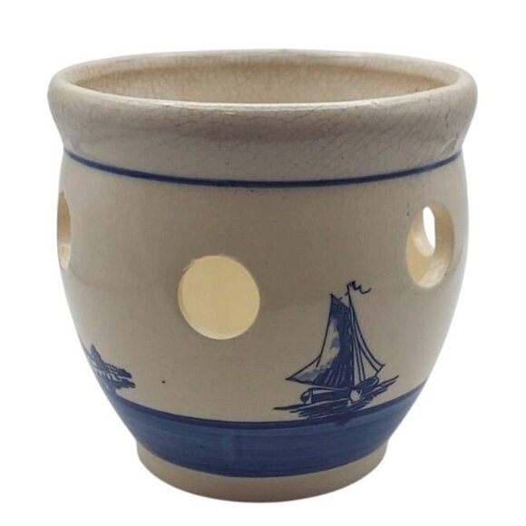 Vintage Delft Blue Holland Hand-Painted Ceramic Bulb Planter Windmill Sailboat - Picture 2 of 6